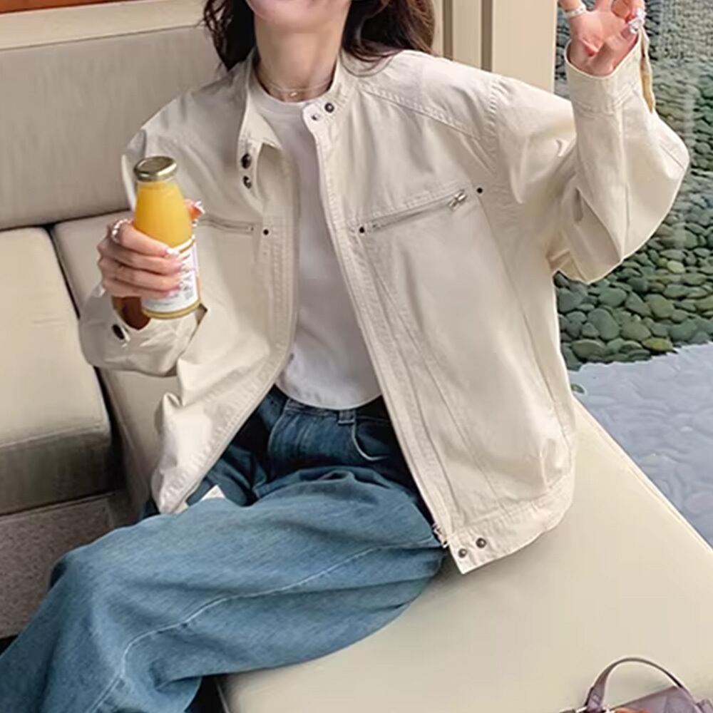 【送料無料】 ジャケット ブルゾン レディース 春秋 韓国 ライトアウター 大人 きれいめ シンプル カジュアル ライトアウター スタンドカラー ナチュラル ゆったり 体型カバー 大人可愛い 大人女子