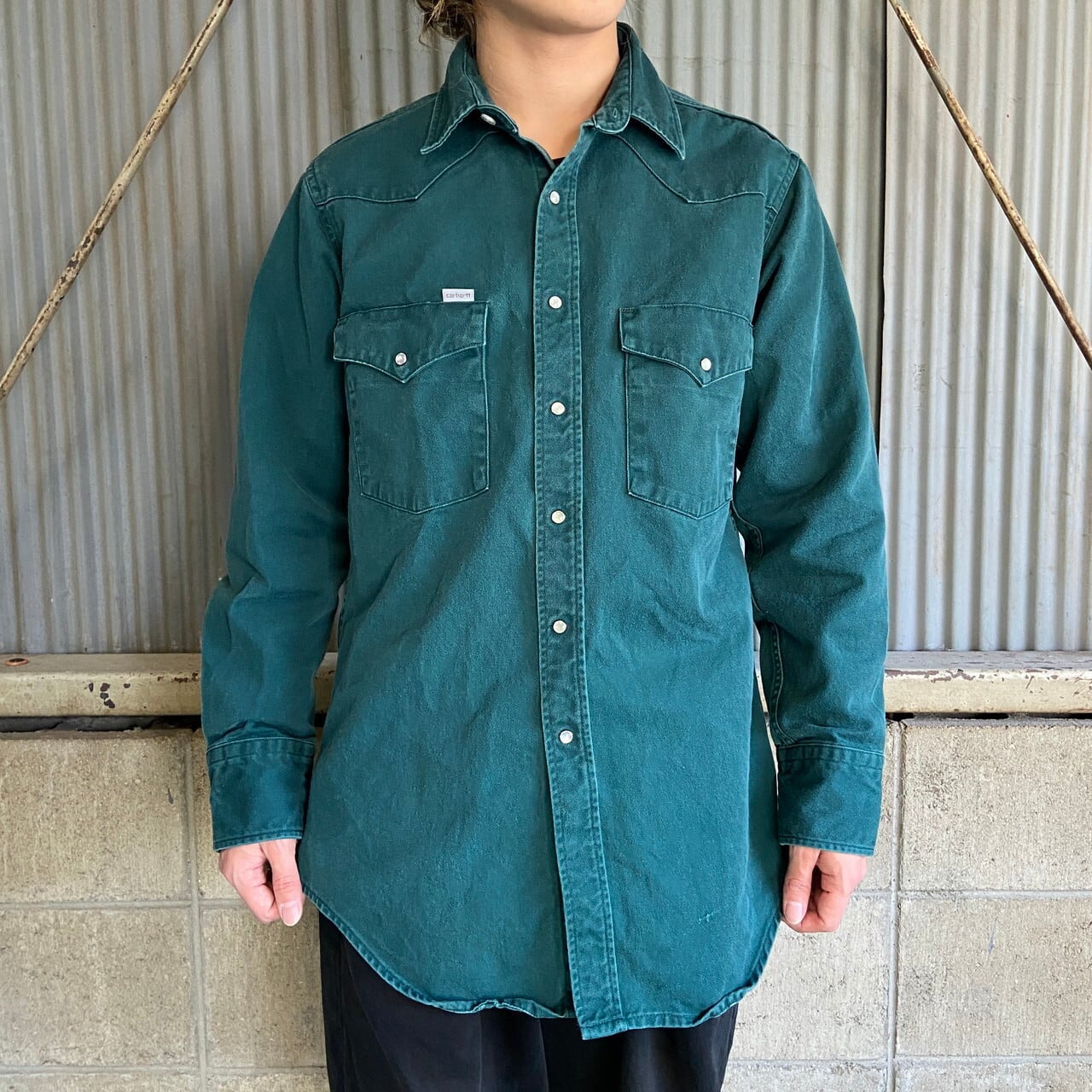 90年代 Carhartt カーハート 長袖 コットンツイル ウエスタンシャツ メンズM相当 古着 ワークシャツ 90s ビンテージ ヴィンテージ  グリーン 緑【長袖シャツ】【3anniv】 | cave 古着屋【公式】古着通販サイト