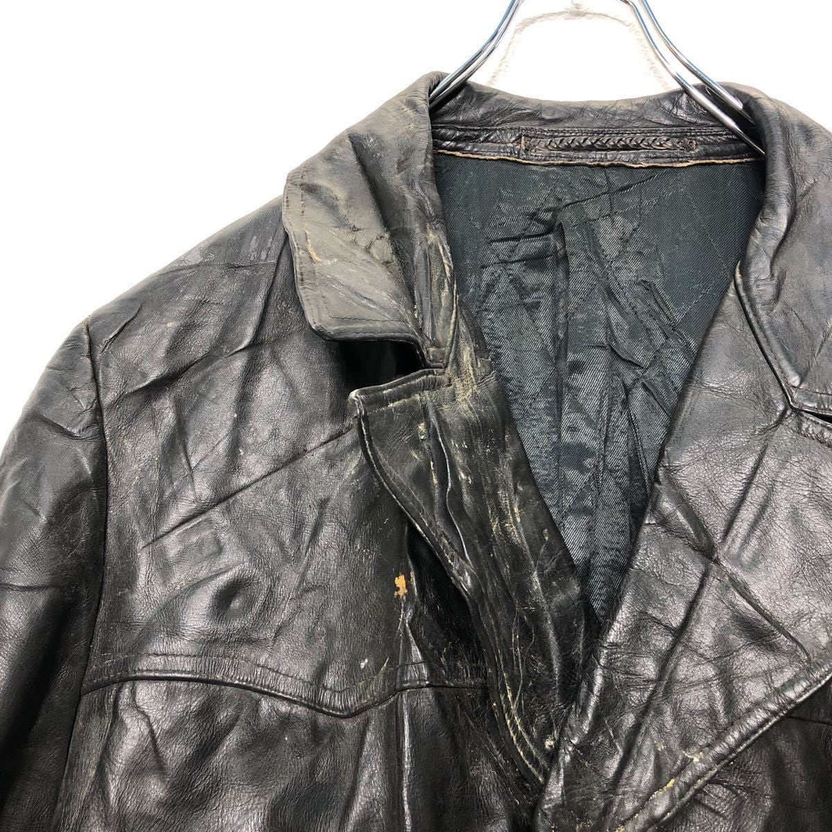 KING SIZE ブラック レザージャケット　コート　古着　vintage レザーロングコート XLサイズ位 チェスターコート レザージャケット 黒