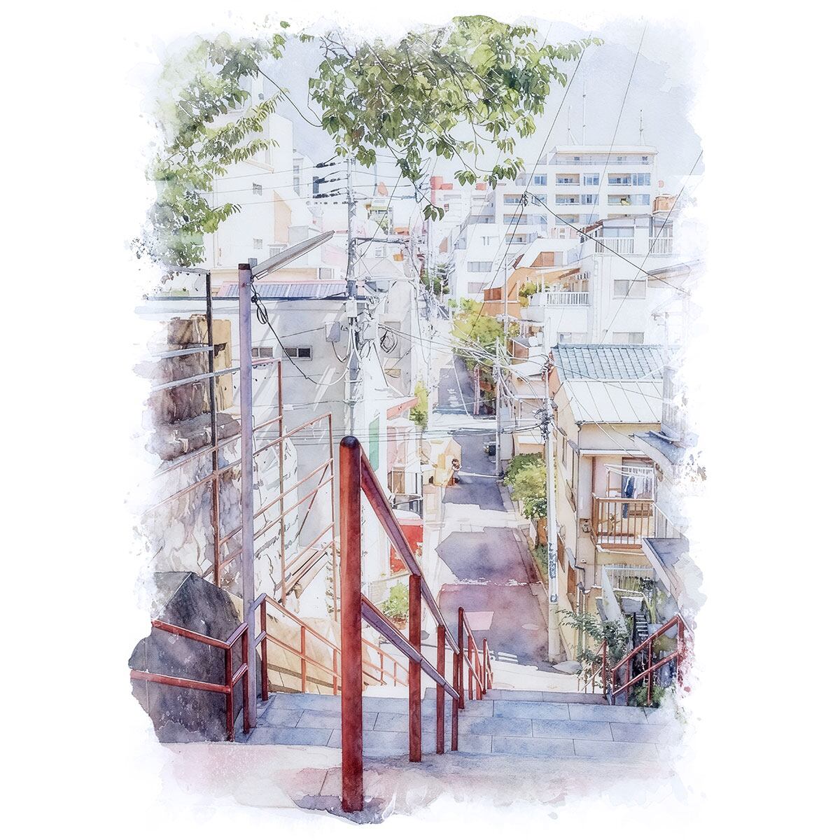 絵画 風景画(街並み) 日本 東京都 四谷 須賀神社階段 インテリアアート額付き 水彩画・油絵風 WAT1443