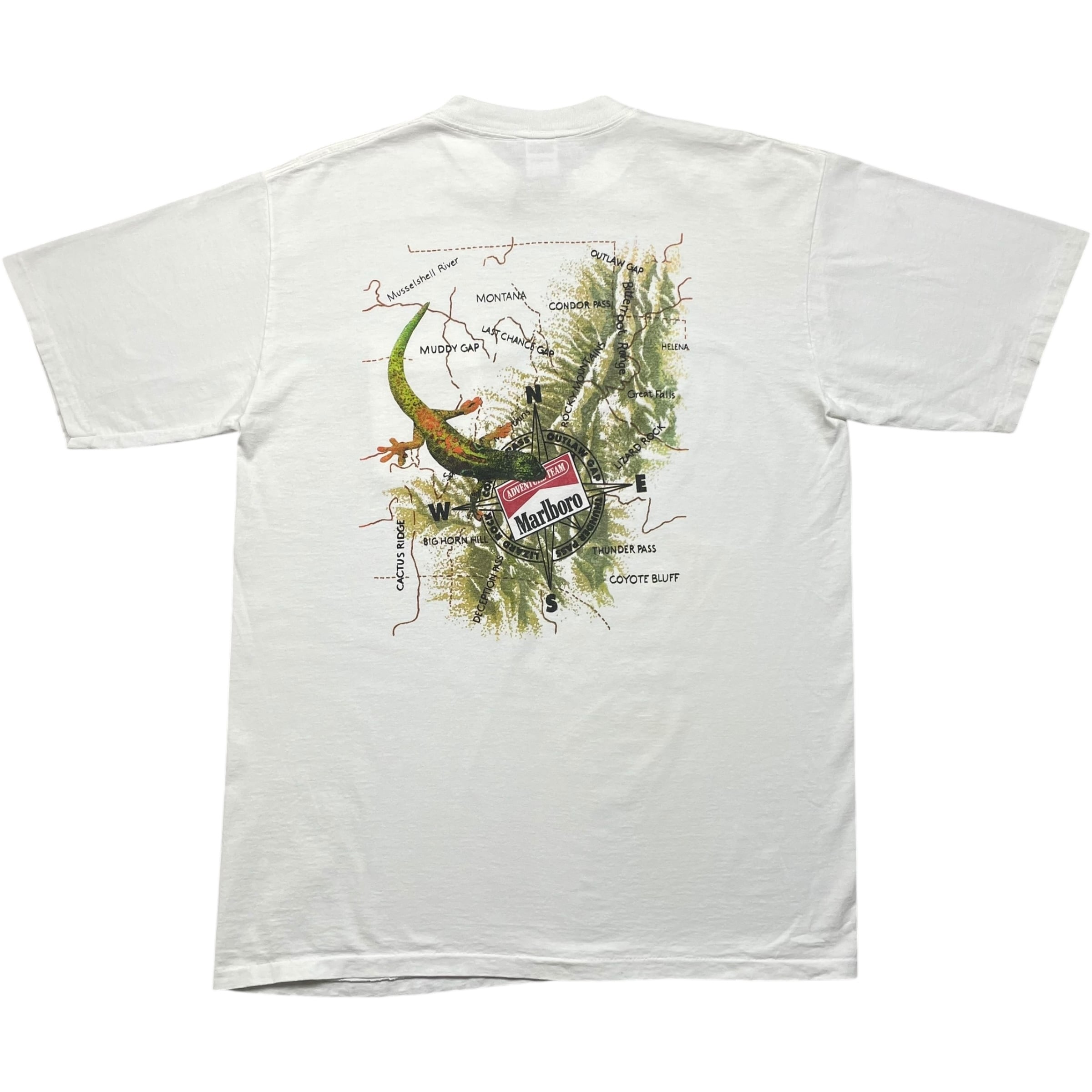 《ONE SIZE》Marlboro マルボロ Tシャツ リザード 地図 トカゲ 胸ポケット 両面プリント シングルステッチ ホワイト USA製 90年代 vintage no.7829