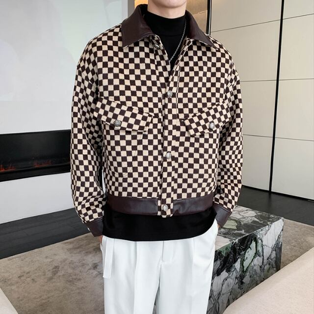 【予約販売】ブルゾン アウター バイカラー チェック柄 レザー 切り替え 冬 防寒 ブラウン/ブラック ジャケット ショート丈 メンズ カジュアル 男前 こなれ感 お洒落 韓国 トレンド 秋 冬 M/L/XL/2XL