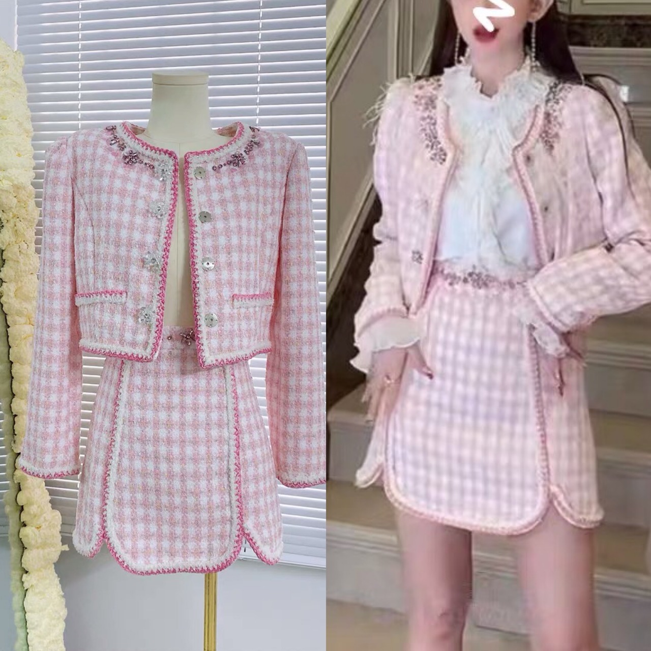 セットアップ】チェック ピンク お嬢様 セットアップ ピンク 白 