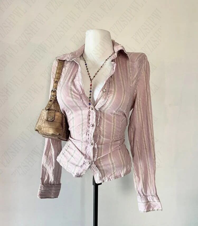 ストライプホットガール乙女クラシックピンク Y2K ファッション婦人服カジュアルシャツ原宿長袖ヴィンテージシックなクラシックトップス