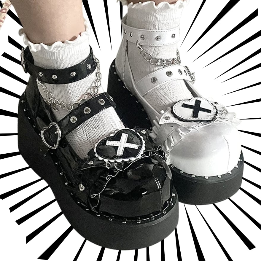 ロリィタ靴 ブラック 2カラーブロック カジュアル PU スクエアトゥ