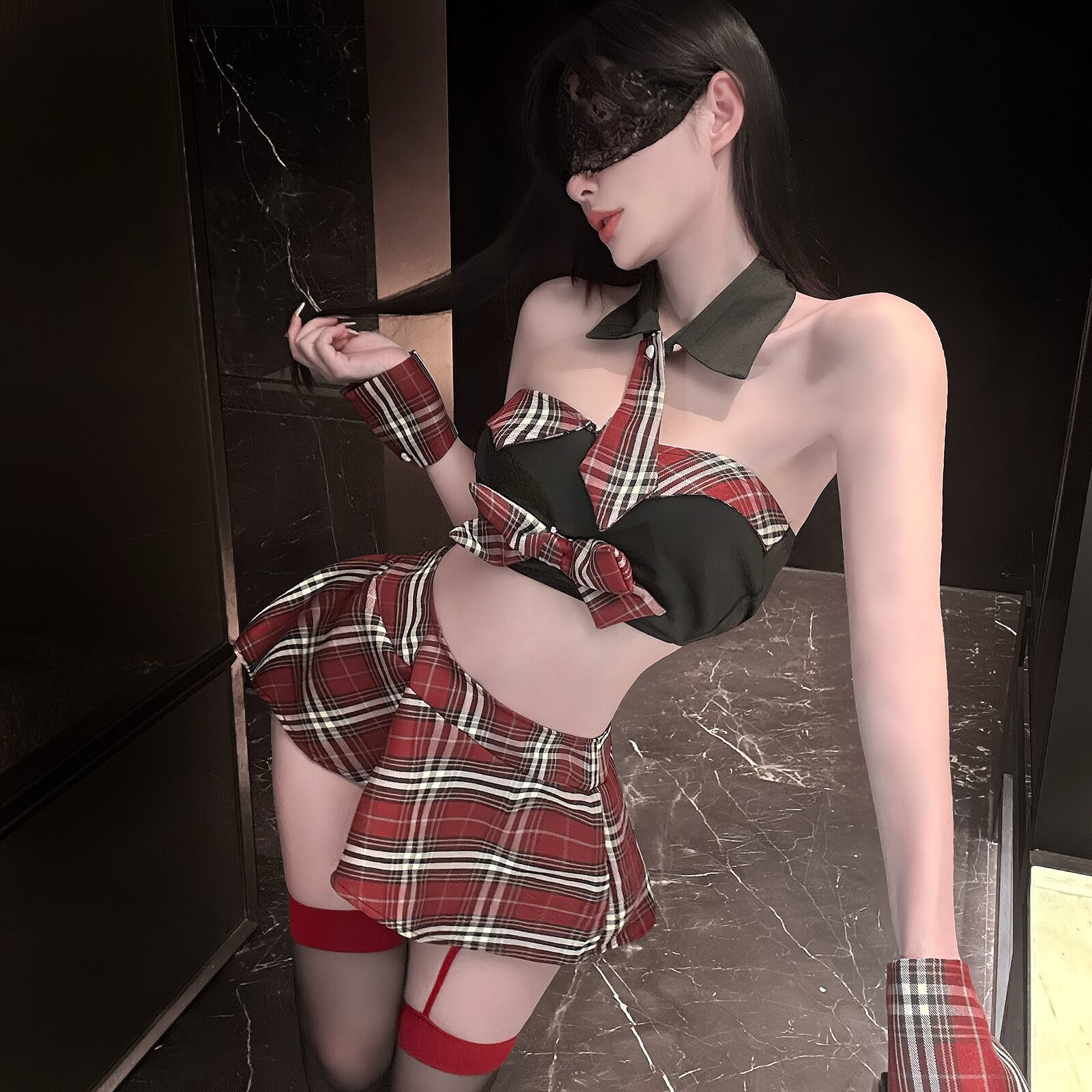 〔スクール〕誘惑チェックJK風セット(レッド×ブラック)