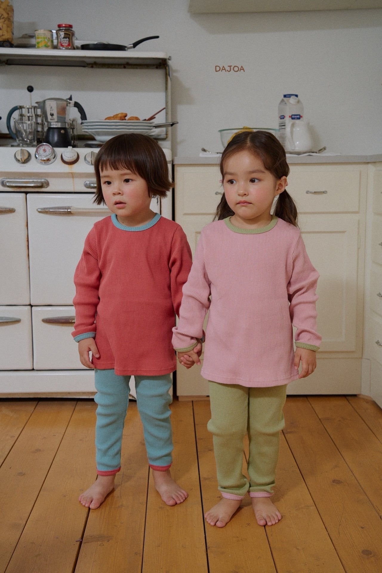 即納◆90サイズ-ピンク 配色セットアップ-Dajoa homewear