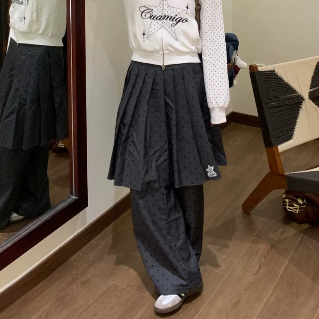 dot pleated layered skirt-pants　ドットプリーツレイヤードスカートパンツ　J2131