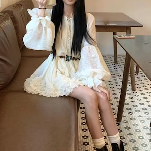 【2点セット】リボンキーネックティアードフリルシアーワンピ+バタフライベルト ・78240 【2点セット】リボンキーネックティアードフリルシアーワンピ+バタフライベルト ・78240