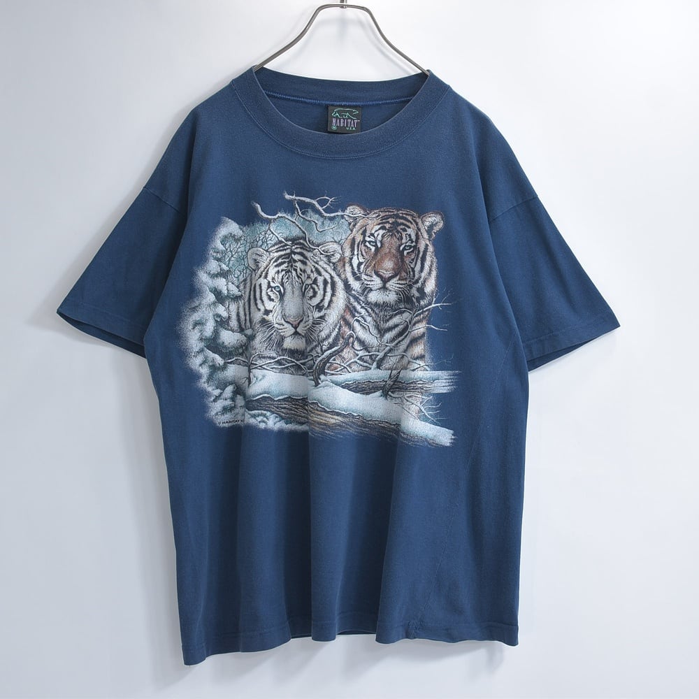 90s HABITAT トラ ホワイトタイガー 雪景色 プリント Tシャツ ネイビー