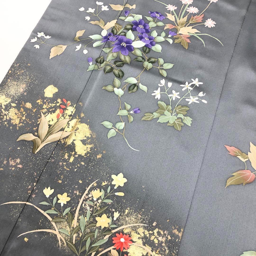付下げ 美しい四季の草花模様 手描き 金彩 薄鈍色 K-3452 付下げ 美しい四季の草花模様 手描き 金彩 薄鈍色 K-3452