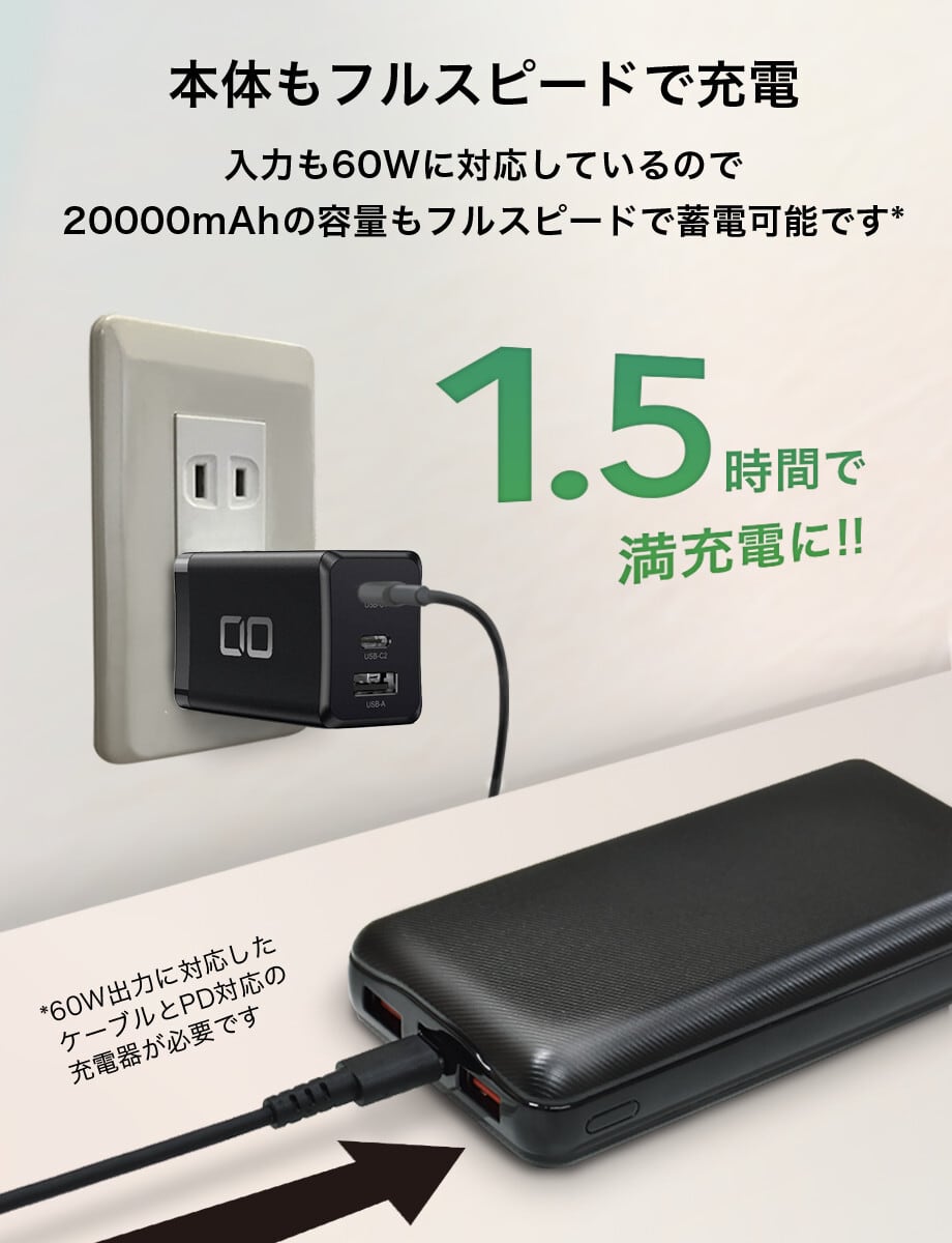 PD QC対応 大容量モバイルバッテリー ACS-LB60W20B 20000mAh