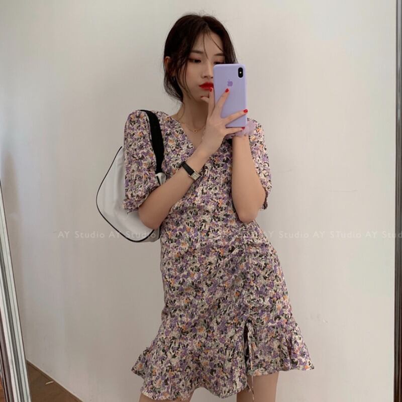 紫のショートスカート女性2020年夏新しい気質は薄い初恋花柄スカートは甘くて塩の半袖ドレストレンド 1号婦人69180606311