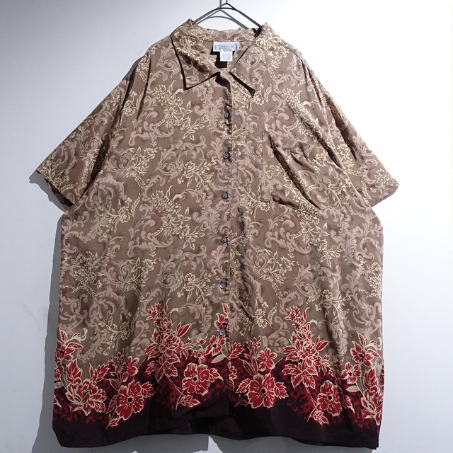Brown Hibiscus Flower Patterne Design Silk S/S Shirt