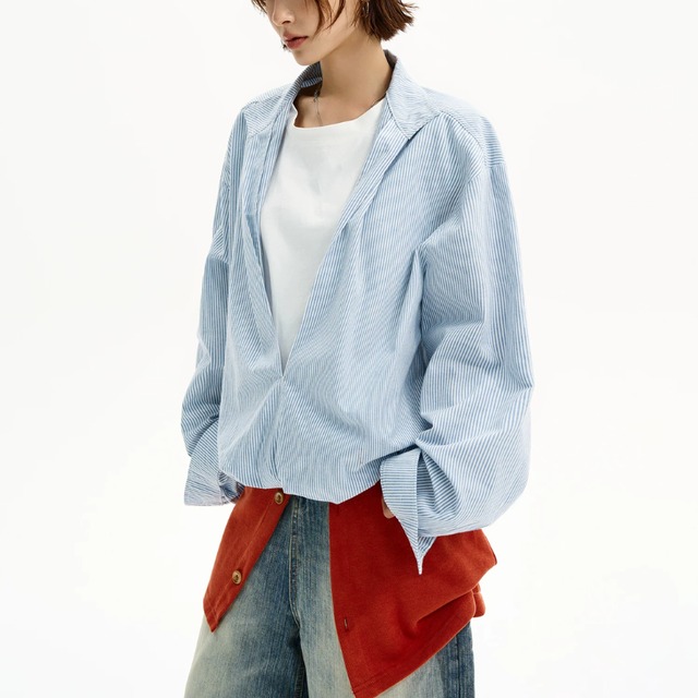 striped deep-V layered shirt　ストライプディープVレイヤードシャツ　J2163