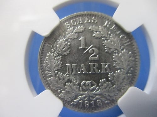ドイツ 1/2マルク銀貨☆1918年／未使用／ヴィルヘルム2世／NGC MS62 ドイツ 1/2マルク銀貨☆1918年／未使用／ヴィルヘルム2世／NGC MS62