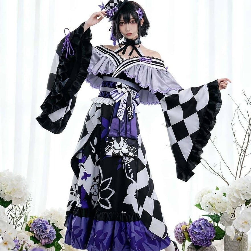 コンカフェ キャスト衣装に| 魔法少女×和ゴシック 市松柄フリル着物風ロリータ フルセット