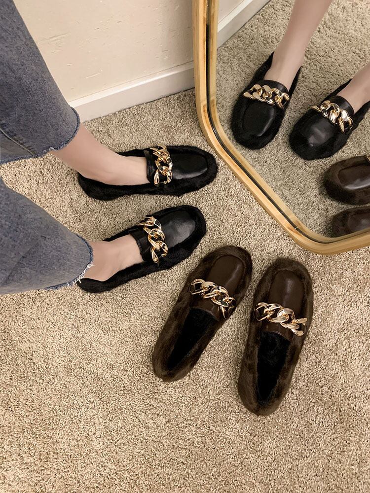 レザーオータムウィンタースタイルベルベットブラックファーシングル 靴 シューズ 秋物 冬物 部族の婦人靴43586247226