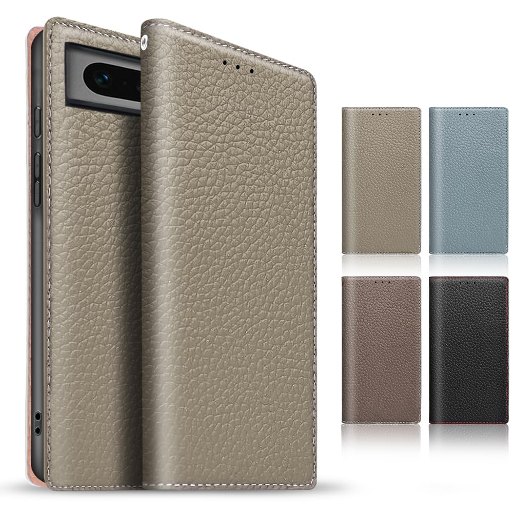 TENSIK GooGle Pixel 7a 用の ケース 手帳型 グーグル ピクセル7a 用の ケース 高級牛本革 ぐーぐる ぴくせる7a 用の スマホケース マグネット式 携帯カバー 財布型レザー 手帳型カバー本革 スタンド機能 ストラップ付き カードポケッ トギフトボックス付き グレー×ピンク