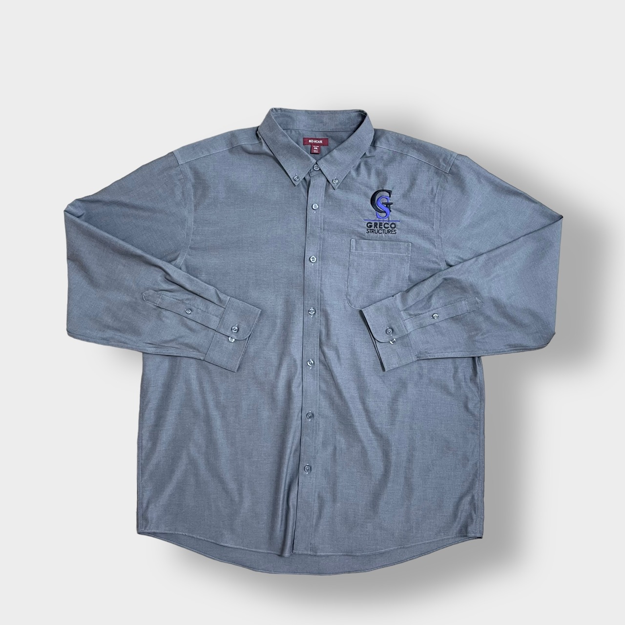 【RED HOUSE】ワークシャツ ノンアイロン 企業系 企業 刺繍 ロゴ ワンポイント ボタンダウン XL ビッグシルエット Greco Structures レッドハウス us古着