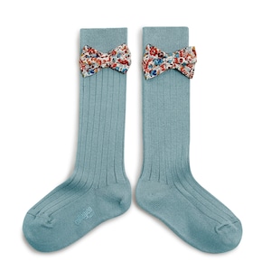 Collegien/Mathilde Ribbed Knee-high Socks with Liberty Bow - Bleu Azur