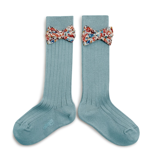 Collegien/Mathilde Ribbed Knee-high Socks with Liberty Bow - Bleu Azur