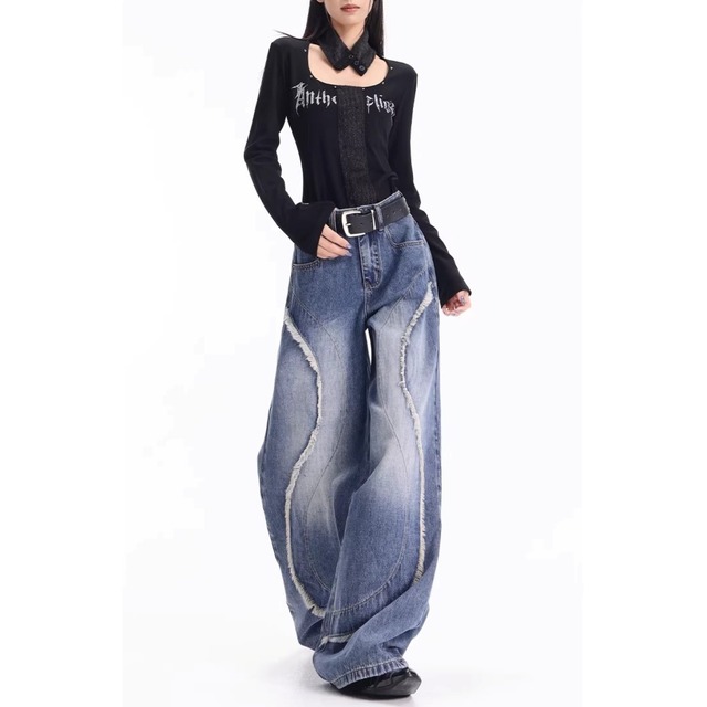 フリンジステッチラインワイドシルエットデニムパンツ 2col   R01872