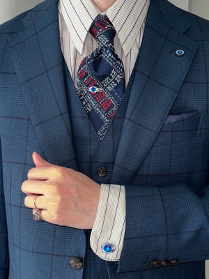[3PIECE] tie pin & lapel pin & cufflinks / blue stone × silver