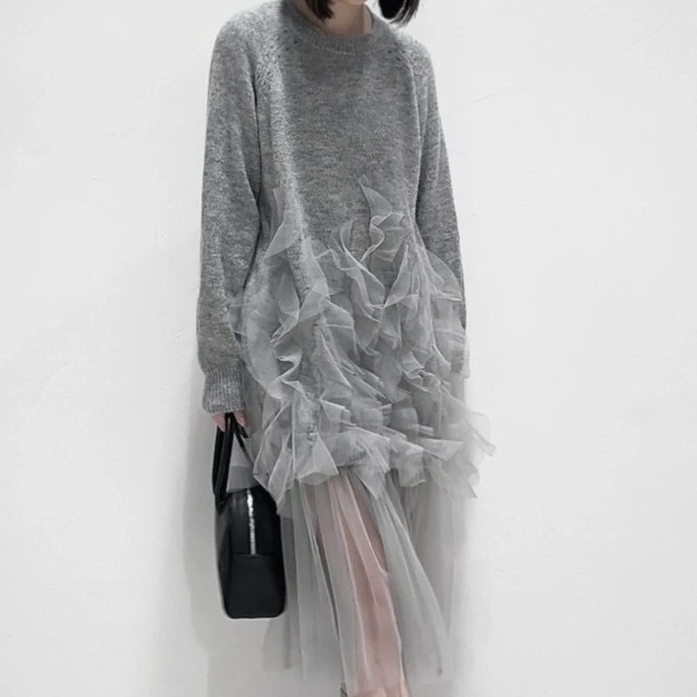 Tulle docking knit one piece　V1781