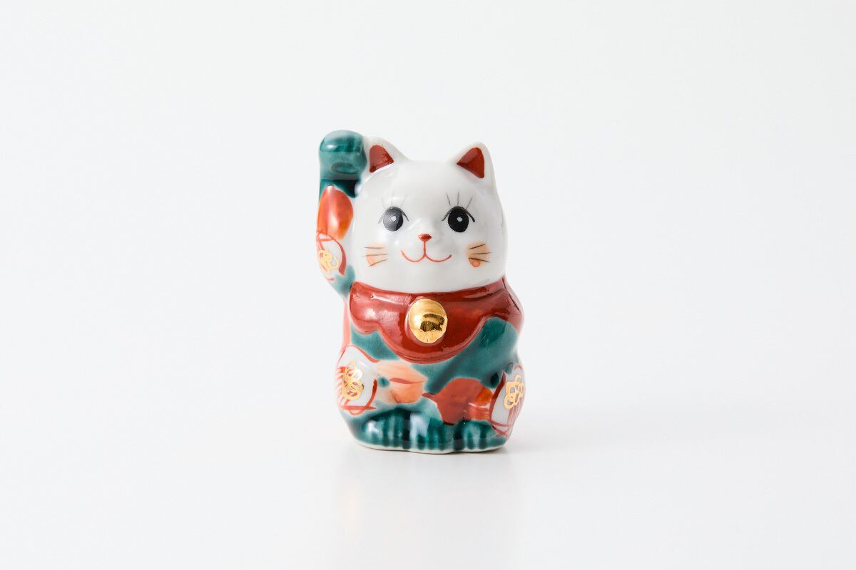 ミニ招き猫(右) 釉彩椿