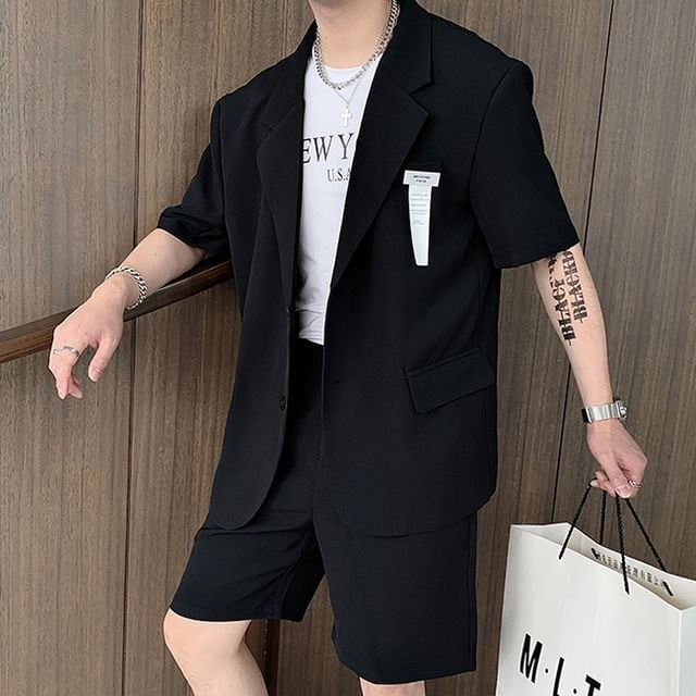 【予約販売】メンズ セットアップ 上下 ハーフパンツ 半袖 ジャケット 無地 胸タグ ブルー ブラック スーツ フォーマル 結婚式 パーティー カジュアル 春夏秋 M/L/XL/2XL