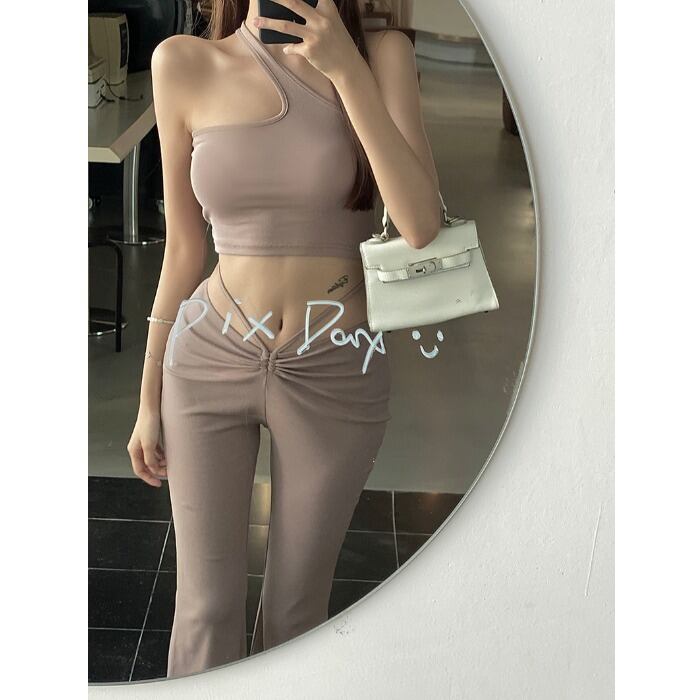 レッドサマーハイウェストウェストカジュアルパンツ ストリート 夏物 ガールズファッション7149402283