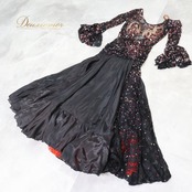 社交ダンス 衣装 ドレス ワンピース レース 黒 赤 レッド ブラック デモ 競技 ダンス パーティ 発表会 上品 ブラック系 レッド系 フォーマル ドレッシー スリット 胸パッド 透け感 エレガント 大人 パーティー用 おしゃれ 黒ドレス 赤ドレス 競技用ダンス