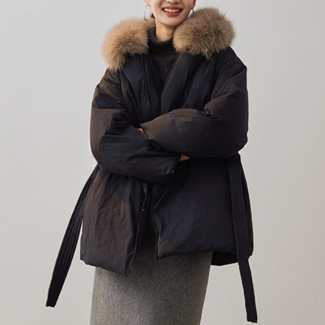 Volume fur hood white duck down jacket   G872