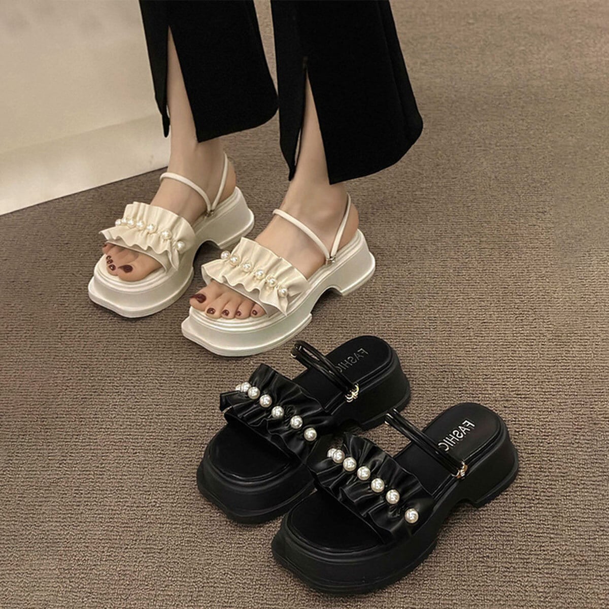 【大人可愛い】CHANEL ミュール サンダル パール 夏 リゾート 旅 パール付き フリルサンダル レディース 春夏 韓国 ミュール