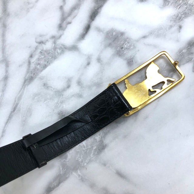 CELINE セリーヌ 馬車 ホースキャリッジ レザー クロコ型押し ベルト ブラック vintage ヴィンテージ オールドセリーヌ awn7kw