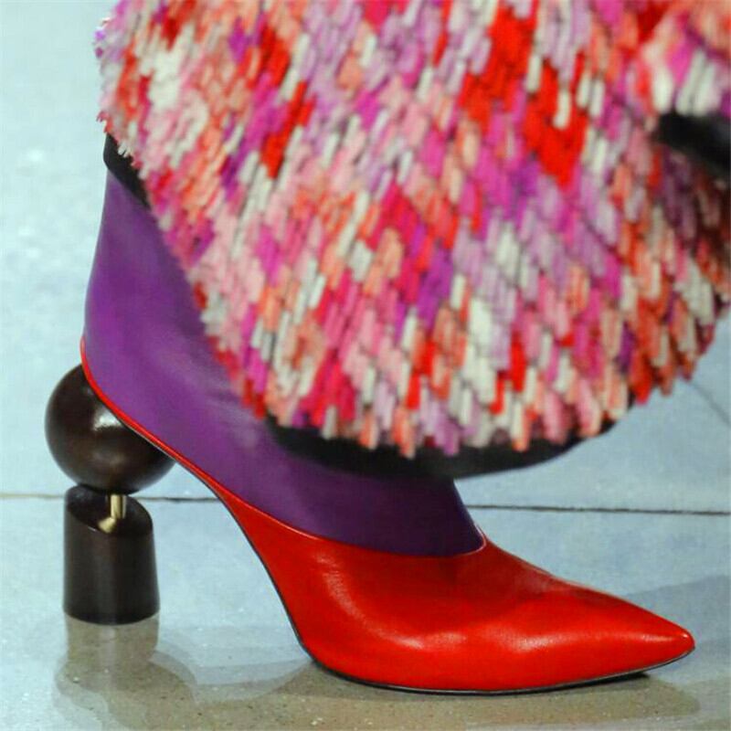 【新作】【送料無料】 大きいサイズのショートブーツを備えたカラーブロッキングビルディングブロック新しい特殊な形状のハイヒールキャットウォークファッションブーツ婦人靴 シューズ 大きめサイズ 10b378869026659