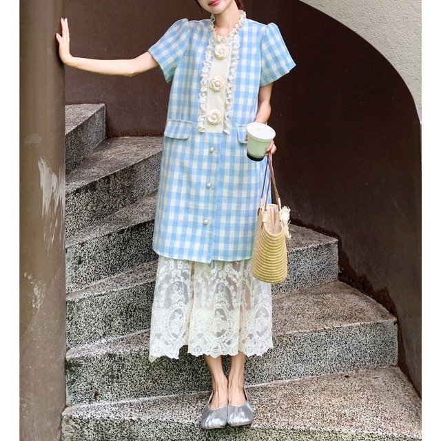 milky sky check flower × lace slip dress【set up】  e2006