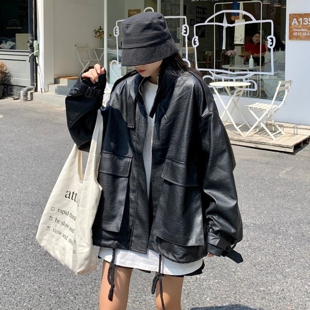 レディース アウター 春秋 アウター レディース フェイクレザー ジャケット コート ウインドブレーカー スタンドカラー フルジッパー ビッグシルエット オーバーサイズ ジャケット シンプル カジュアル おしゃれ メンズライク レトロ お出かけ デート 通勤 通学 旅行