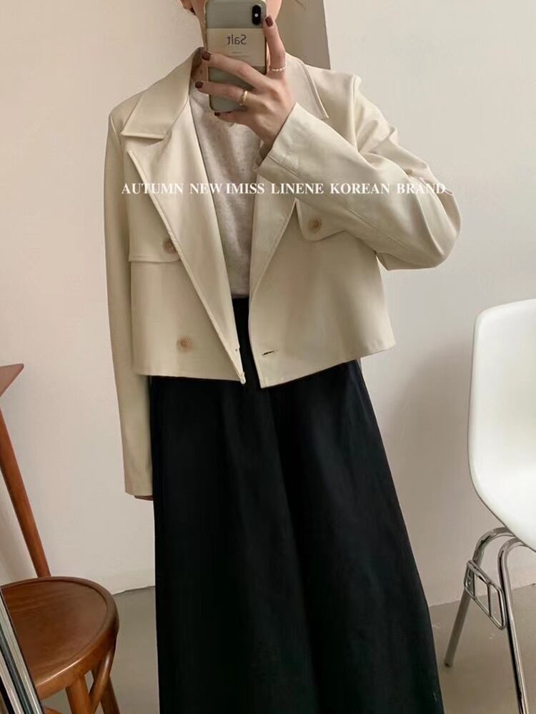 レザーショートジャケット オータムウィンタースタンダードルーズカラー ロング レトロ 秋物 冬物 ビッグFスモールZ韓国41405460711