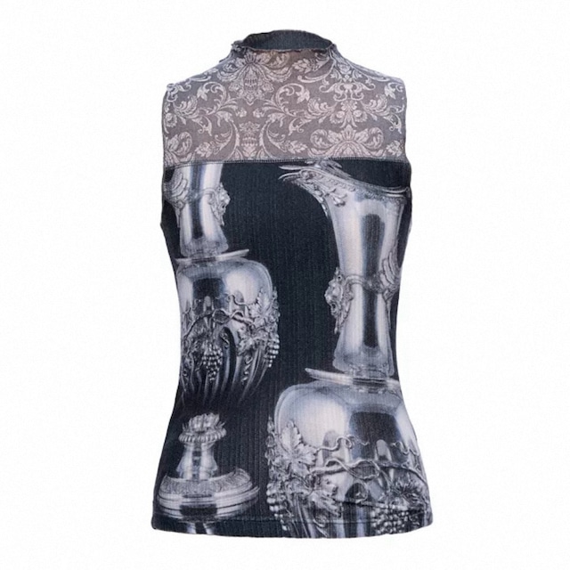 [YOSHUYUKI] silver wine bottle mesh sleeveless top