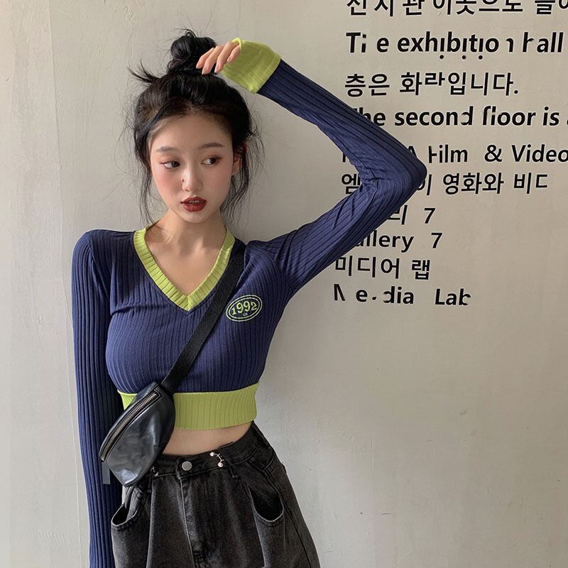 カラーブロッキングVネックショートニットセーター女性秋タイトフィット長袖プルオーバーボトミングシャツ2020新しいインナートップ ブラックストロベリース13884561958