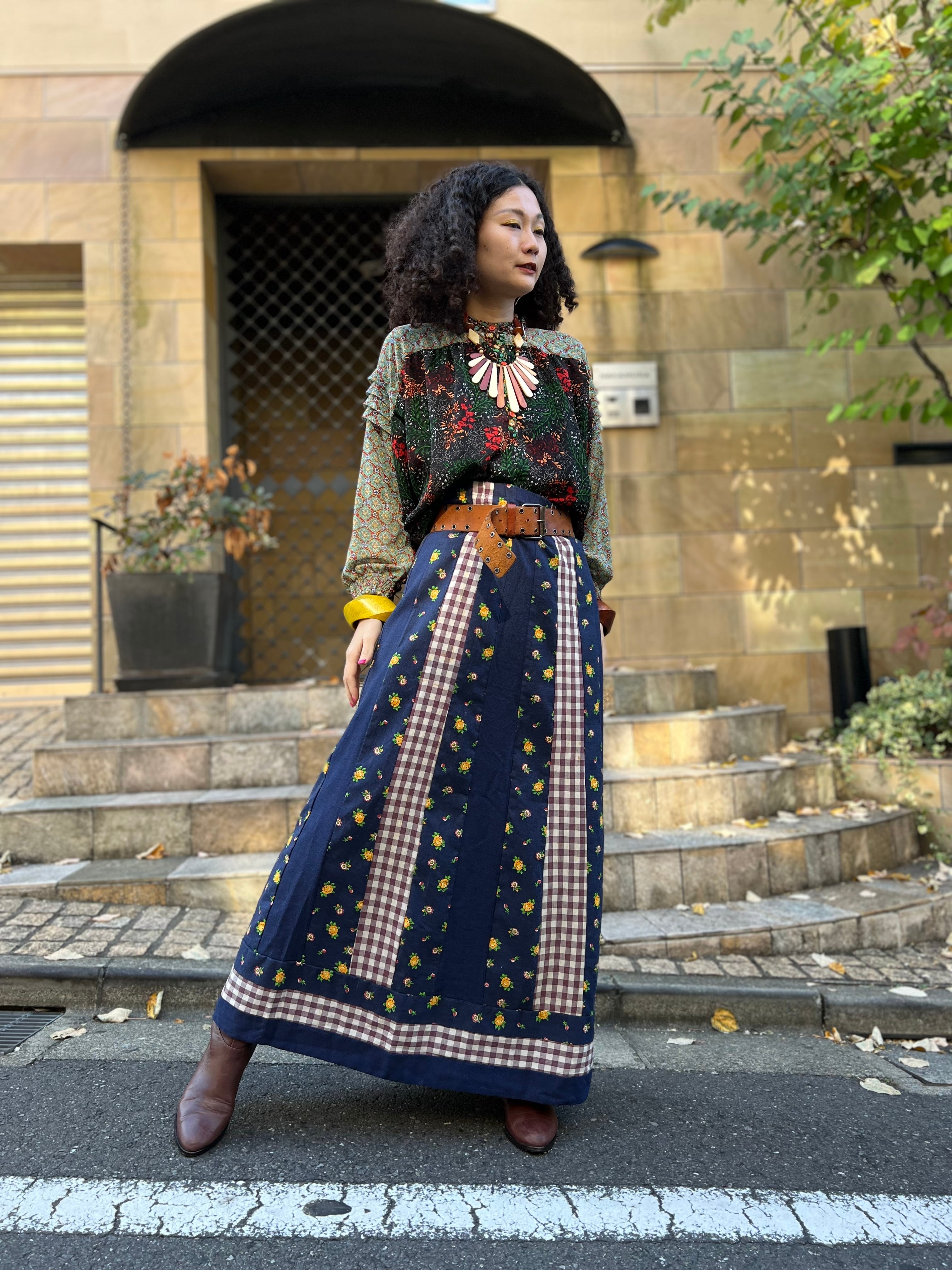 70s handmade navy floral × gingham check cotton long skirt