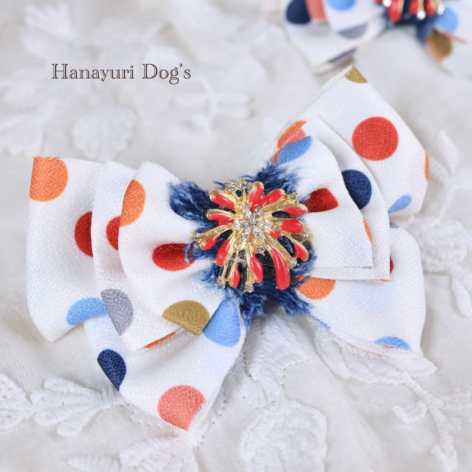 レトロな水玉 デニム 花火 夏 カラフル 犬バレッタ キッズ・子供リボン