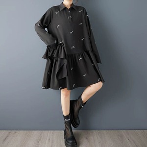 FRILL EMBROIDERED BLACK ASYMMETRIC MINI SHIRT DRESS 1color M-16426