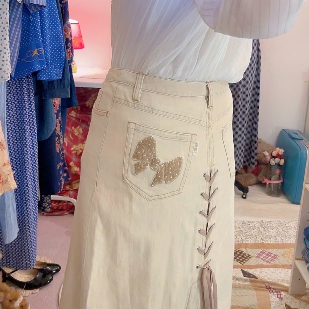 PINK HOUSE / lace up ribbon skirt