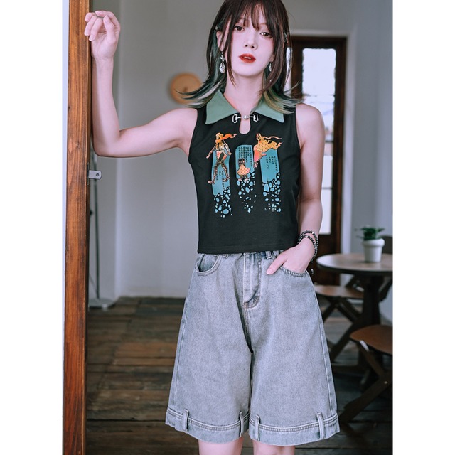 中華ゴシック チャイナ服 中華服 古怪舎 ハーフパンツ デニム ブルー 中華系ファッション 30代ファッション 夏服