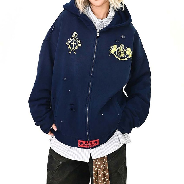 エンブレムダメージルーズジップフーディ   R01518