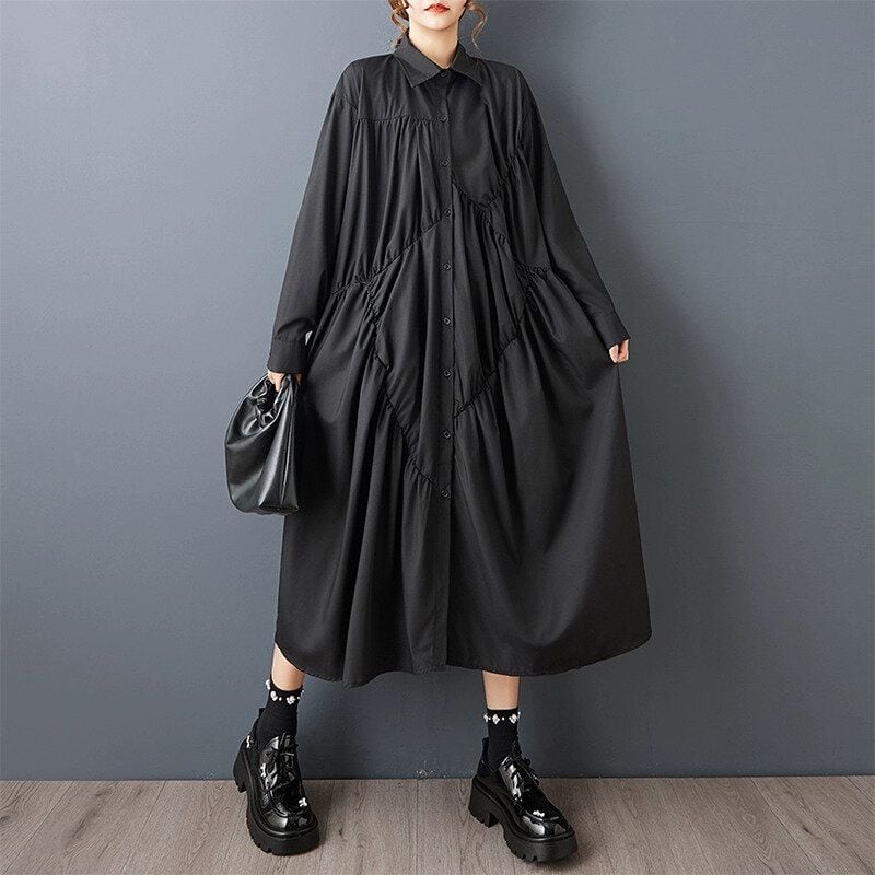 BLACK A-LINE MIDI DESIGN SHIRT DRESS 1color M-15477