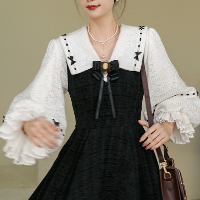 大襟レースブラウス ゴシック ロリータ 付け袖風フリル パフスリーブ リボン 大人可愛い 地雷系 量産型